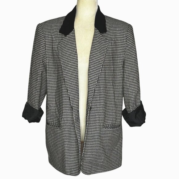 Wool Blend Houndstooth Blazer Black Velvet Collar Oversized Boxy Fit Sz 14 - Picture 1 of 12